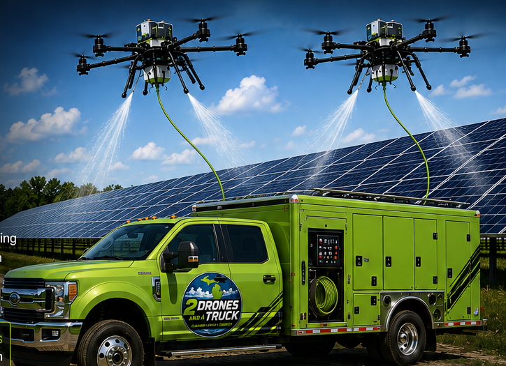 Concept rendering of two tethered commercial cleaning drones and a green enclosed service truck at a solar array